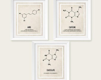 Instant Download, Set of 3, Funny Kitchen Print, Caffeine, Wine, Chocolate, Molecule, Kitchen Art, Silly Print, Funny Print, Kitchen Decor