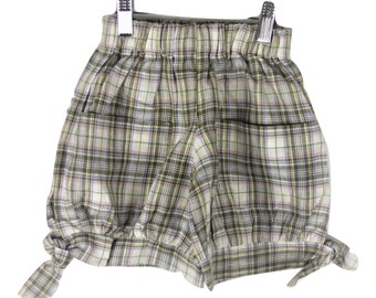 Green check linen shorts