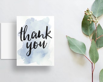 instant download watercolor splash thank you cards // pale blue watercolor // hand lettering // printable digital files thank you notes