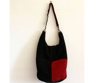suede purse, black red handbag with adjustable shoulder strap, BBagdesign
