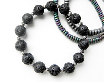 Lava Stone bracelet 10mm Genuine stones Silver Hematite Matte and glossy Stretch bracelet Lucky bracelets Gift for her Power Positive energy