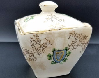 Old Foley James Kent Staffordshire England, Irish Shamrock & Spinning Wheel Sugar Bowl - 5847