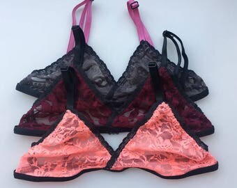 3 Bralette pack of 3 bras bralette top see through lingerie floral lace bra wavy hem lacy bralette lace bralette triangle bralette sexy bra