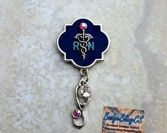 Nursing pinning ceremony pin. Pin back. Nursing Graduation gifts! Customize color RN,BSN ect and Swarovski Crystals. Navy blue background