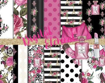 Digital Paper, Digital Scrapbook, Paris Digital Paper, Watercolor Fashion Paper, Fashion Pink and Black Digital Paper. No. P195