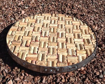 12" Lazy Susan, Serving Tray made with wine barrel band and field of corks, 12" to 13" with 1/4" glass top