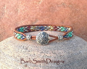 Turquoise Silver Beaded Leather Wrap Bracelet - The Skinny One in Aztec - Custom size it!