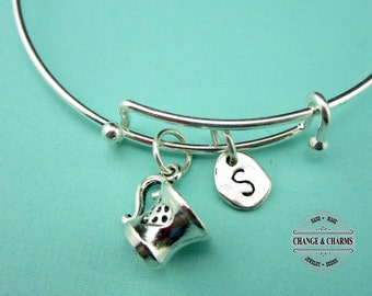 Teacup Bangle, Coffee Cup Bangle, Teacup, Coffee Cup, Initial Charm, Personalized, Silver Plated Bangle, Charm Bracelet, Bangle, Bracelet