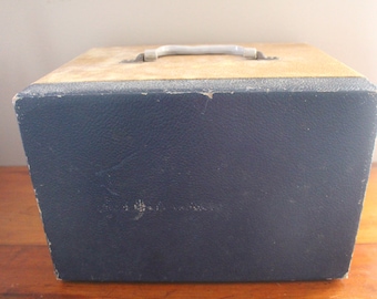 Vintage 45s Vinyl Record Storage & Travel Case - Handled Ornate Hinges - Opens in Front - Brown Navy Blue - Lined with Three Shelves Carrier