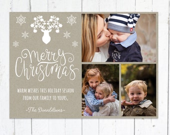 Photo Christmas Cards, Photo Holiday Cards, Multiple Photos, Rustic, Deer, Snowflakes, Printable, Kraft Paper, Digital File, Three Photos