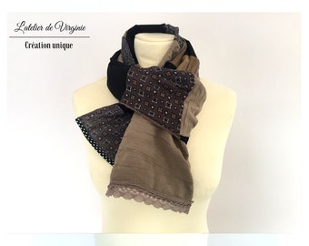 Foulard, écharpe, chèche en coton, noir beige, dentelle.Accessoire mode. Mariage. Style bohème chic/ Nouvelle collection printemps été 2017.
