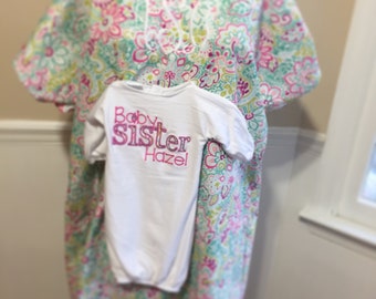 Maternity hospital gown and matching baby gown. Pretty hospital gown. Preemie/newborn monogram gown. Monogrammed labor and Delivery gown