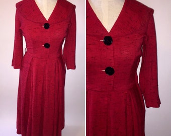Vintage 1940s 40s Red and Black Speckled Dress Side Zip XSmall XXSmall Spring