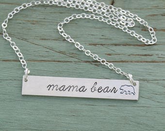 FREE SHIP • Mama Bear Necklace • Sterling Silver Mama Bear Bar Necklace Mom Necklace Grandma Gift •Mom Birthday Gift Mommy Necklace Stamped
