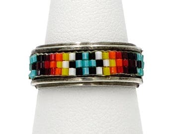 American Indian Loomed Seed Bead Sterling Silver Ring