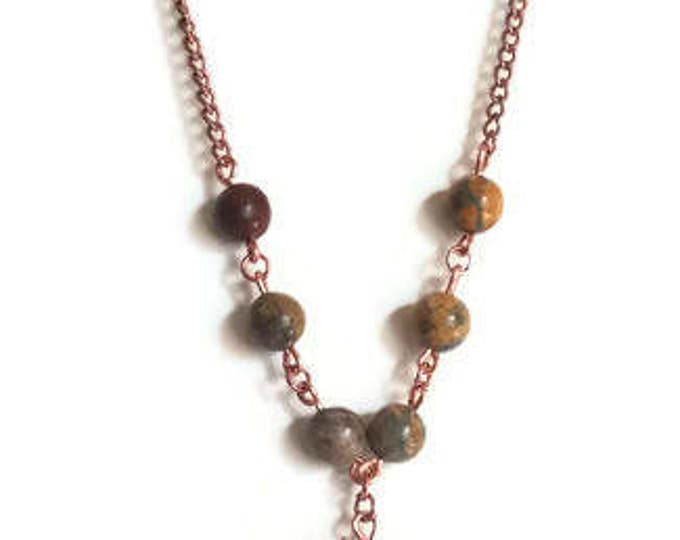 Copper and Gemstone Spiderweb Pendant, Leopardskin Jasper Gemstones, Gemstone Necklace, Unique Birthday Gift, Gift for Her, Copper Necklace