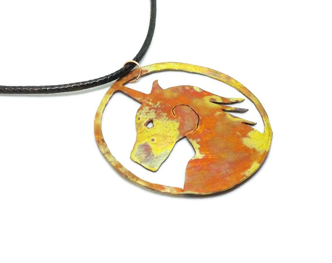 Copper Unicorn Pendant, Mythical Unicorn Necklace, Unique Birthday Gift, Magical Unicorn Pendant, Flame Painted Copper Necklace