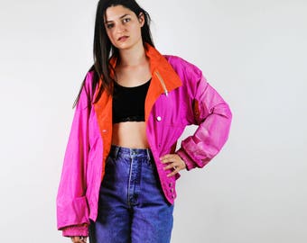 Vintage 80s windbreaker, pink, red, orange tracksuit, old school windbreaker, sports fitness, Running, neon color, rare