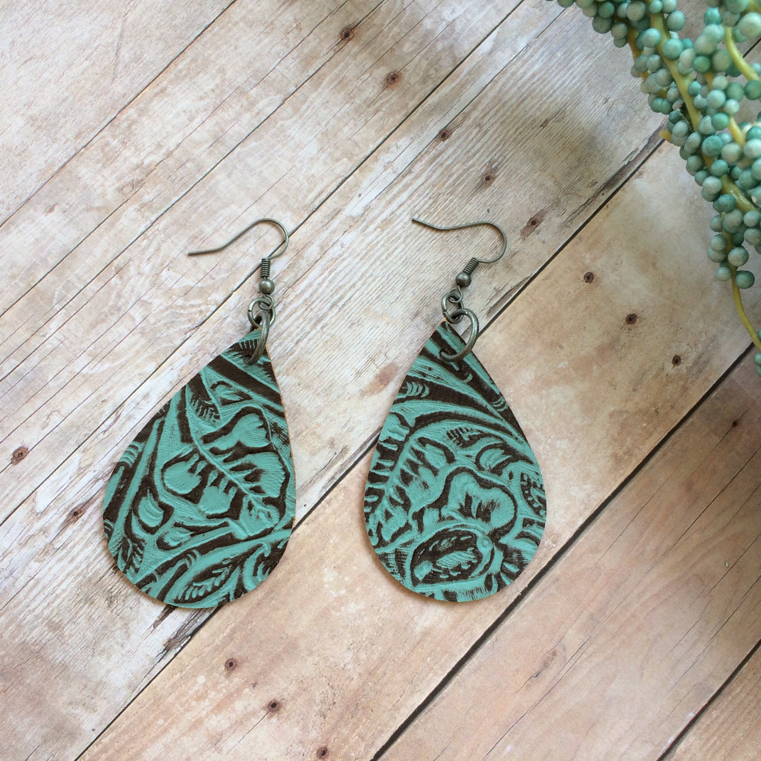 Teardrop leather earrings aqua embossed leather teardrop