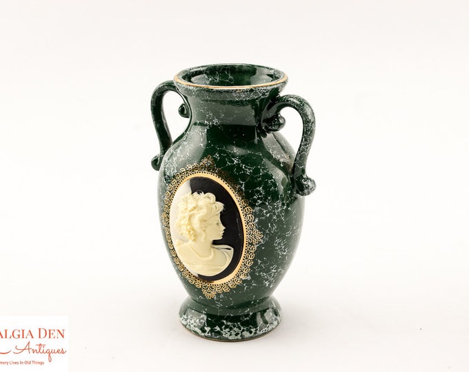 Vintage Ceramic Cameo Vase | Mt Clemens Pottery | Green Marbled Vase