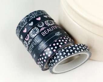 7x 3m slim washi tape bands skinny washi tape black white pink flower heart planner supplies scrapbooking scrapbook