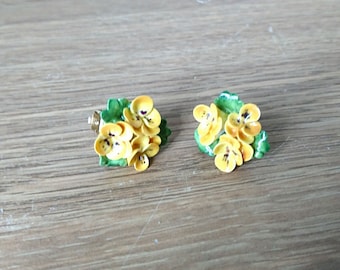 Vintage Earrings Clip On Floral Yellow Porcelain Bone China Boxed 1960's Yellow Pansy Earring