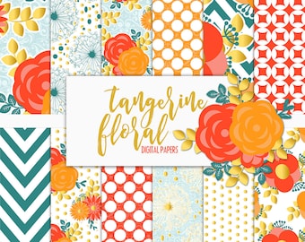 Tangerine Floral Digital Paper Pack | Scrapbook Paper | Printable Background | 12 JPG, 300dpi files.