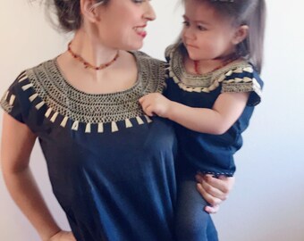 Mommy and me outfit Hand Embroidered blouses (blue Navy and Mustard Yellow)