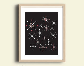 Abstract art print, black white red, printable decor, retro abstract, atomic stars, mid century, home decor wall hanging, Scandinavian art