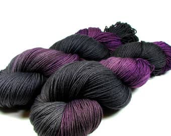 Hand Dyed Sock Yarn, Fingering Weight, Variegated, Gradient, Purple, Black, Charcoal Gray, SW Merino Wool, Grapes of Wraith, Dyed to Order