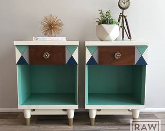 SOLD****Mid-Century Modern Night Stands / White / Turquoise