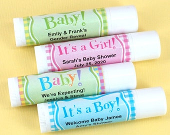 Baby Shower Favor Lip Balm, Baby Gingham Lip Balm, White Tube - Set of 12