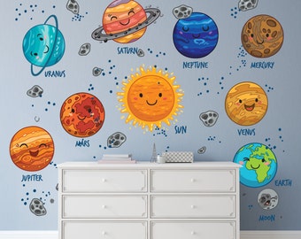 Cartoon Planets Wall Decals for New Babies / Solar System Decals / Cute Solar System Bedroom Decal / Decals for Nursery - DASHWD10004
