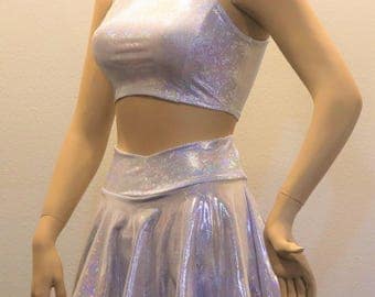 2PC Silvery White Holographic (top and skirt set)