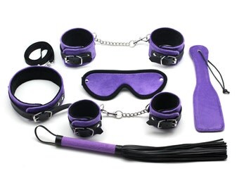 7 Bondage set, Silicone Ball Gag,Blindfold, Hand Cuffs,Ankle Cuffs,Flogger, Whip, Paddle,BDSM,polyester Bondage Kit, restraints (mature)