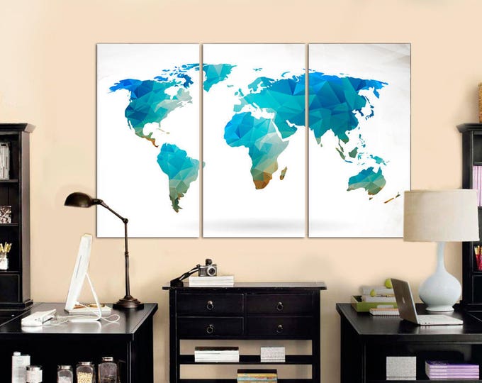 Aqua Polygonal World Map Canvas, Geometric Map, Abstract Wall Art, 3,4 or 5 Panels Aqua world map Canvas Wall Art for Home & Office Decor