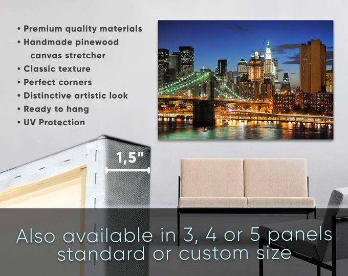 Buy Brooklyn bridge canvas wal art, 3 panel Brooklyn bridge print, 5 brooklyn bridge panel wall art, tall wall art panels night cityscape