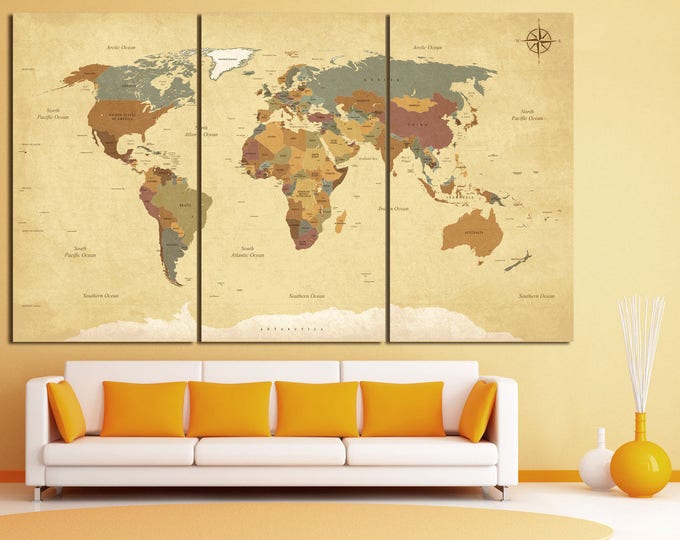 Classic parchment style world map wall art canvas digital antique print, large printable world map vintage wall decor with countries names
