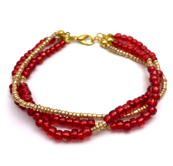 Items similar to Red and Gold Bracelet, Glass Seed Bead Bracelet ...