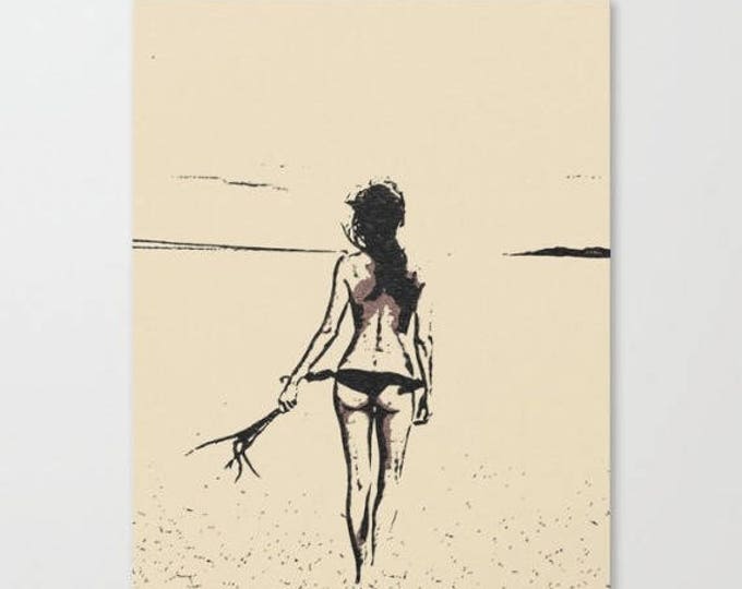 Erotic Art Canvas Print - Freedom, bikini girl sketch, figurative sensual, erotic artwork, sexy outdoors nude, high resolutio...