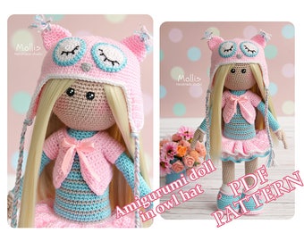 Crochet Doll Pattern Amigurumi Doll pattern Doll Amigurumi Tutorial Doll Toy PDF Pattern in English Crochet blond doll in owl hat pattern