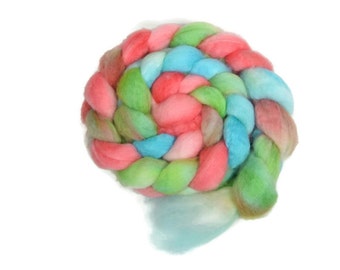 BFL 4 oz hand dyed roving, Combed Top, Blue Faced Leicester spinning fiber, pink, aqua, lime - Gumdrops