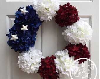 Patriotic Wreath, Hydrangea Wreath, 4th of July Wreath, Flag Wreath, Wreath Street Floral, Grapevine Wreath, Front Door Wreath