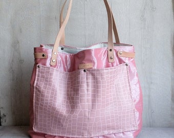 Large pink tote bag vinyl, leather pocket, leather handles