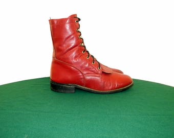 Sz 6.5M Women Dark Red leather Acme lace up granny combat ankle boots.