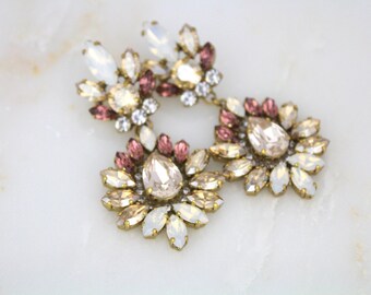 Bridal earrings, Wedding jewelry, Champagne Wedding earrings, Blush Crystal Earrings, Chandelier earrings, White opal earrings, Statement