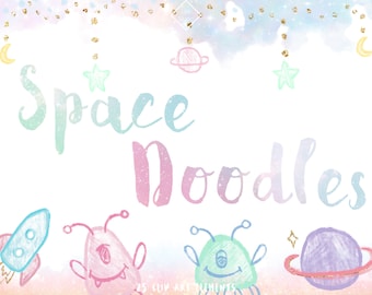 Outer Space Alien Clipart - Rainbow Galaxy Pastel Clip Art Monsters Doodles Stars Clouds Moon Sun Glitter Cute Planets Illustration