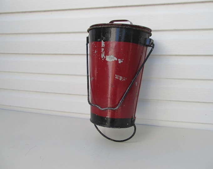 Vintage Fire Bucket, red metal sand bucket, French water bucket, hanging trashcan, European hanging metal planter