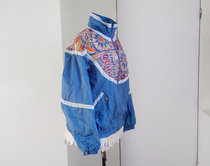 1990s Paris Sport Club Blue winder breaker jacket, vintage fashion, blue-purple spring coat with sun and flowers, size L, made in Hong Kong