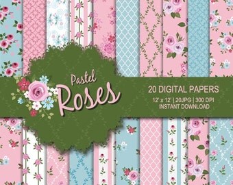 Rose digital paper, Flower digital paper, Pink digital paper, Sky blue digital paper, Rose printable, commercial use, rose digital